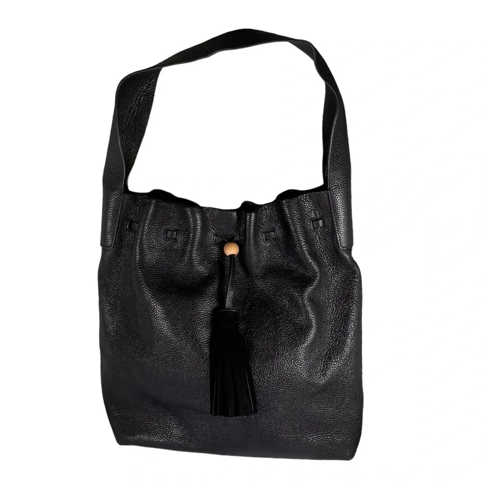 Elizabeth and James Teddy Leather Hobo Handbag Black Drawstring Single Strap